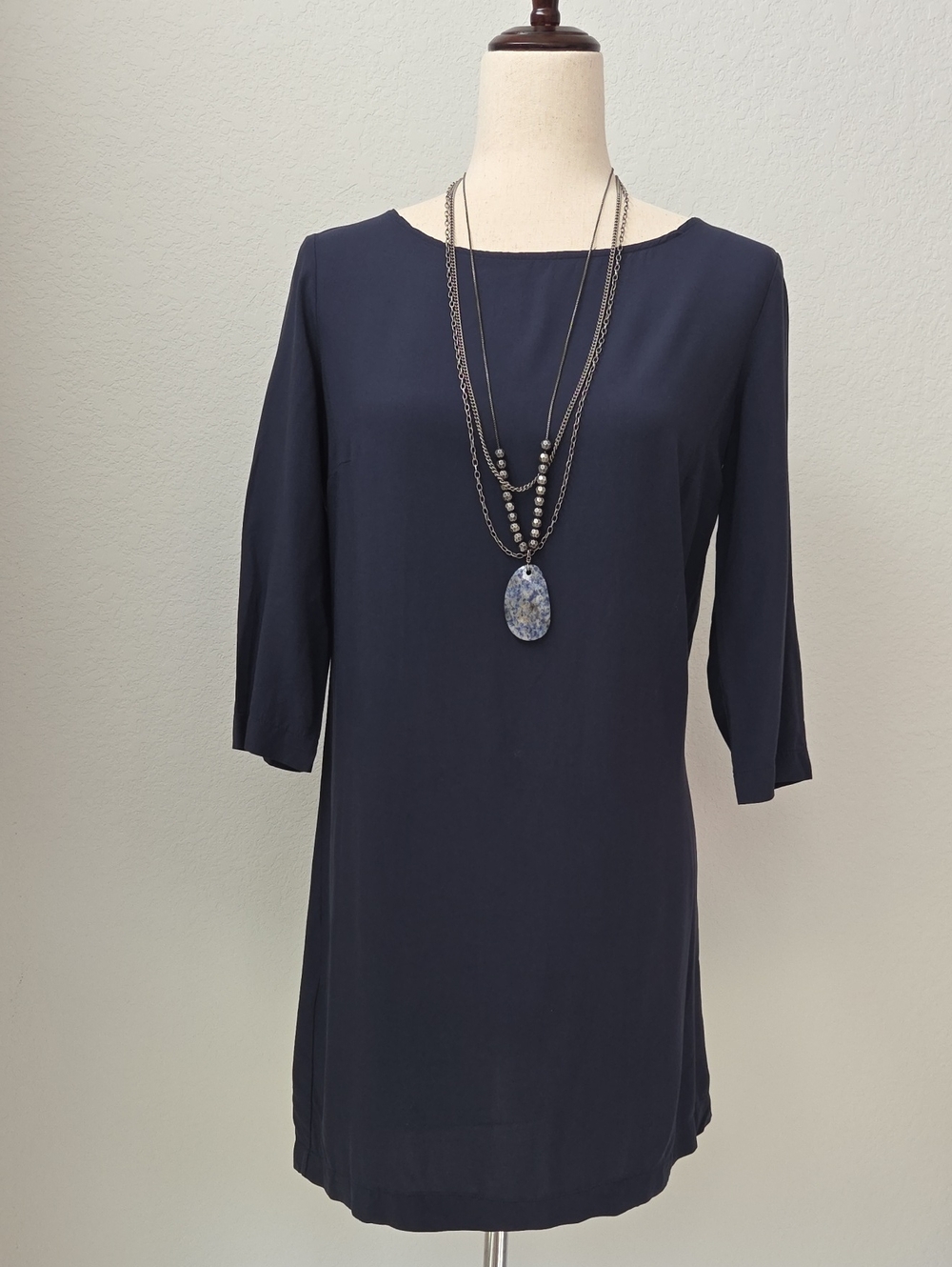 Mango Navy Boatneck Shift Tunic with 3/4 Sleeves